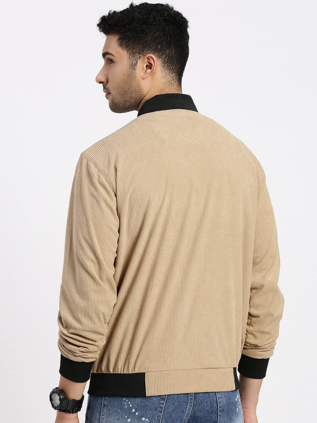 Men Solid Camel Brown Bomber Jacket