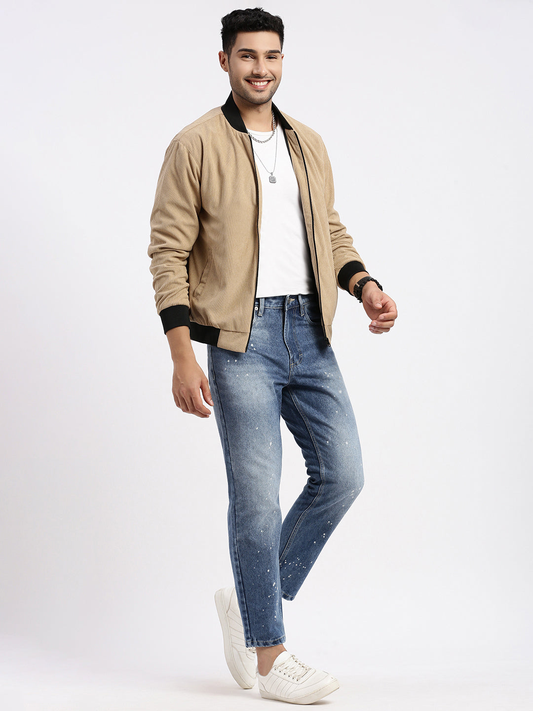 Men Solid Camel Brown Bomber Jacket