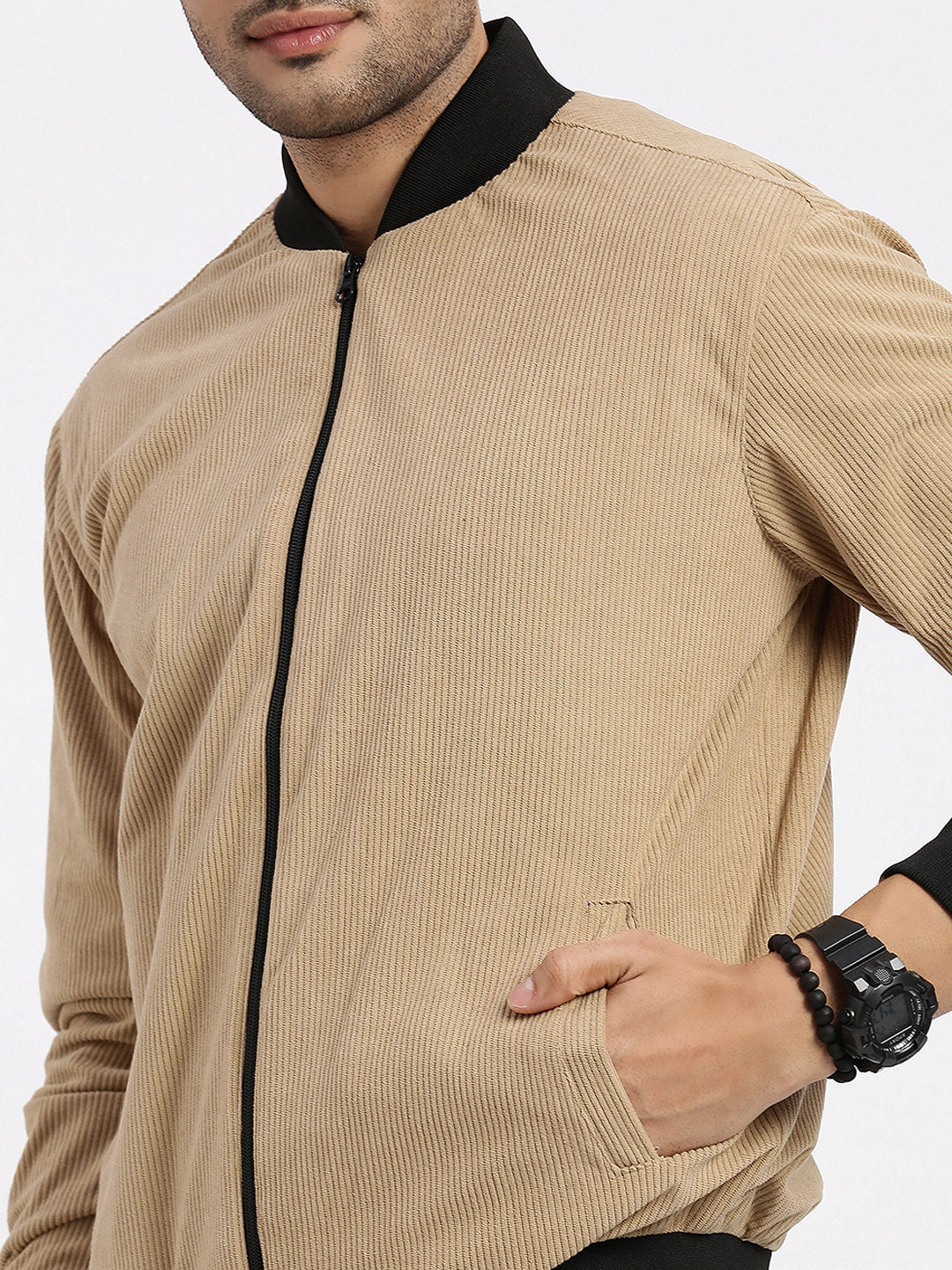 Men Solid Camel Brown Bomber Jacket