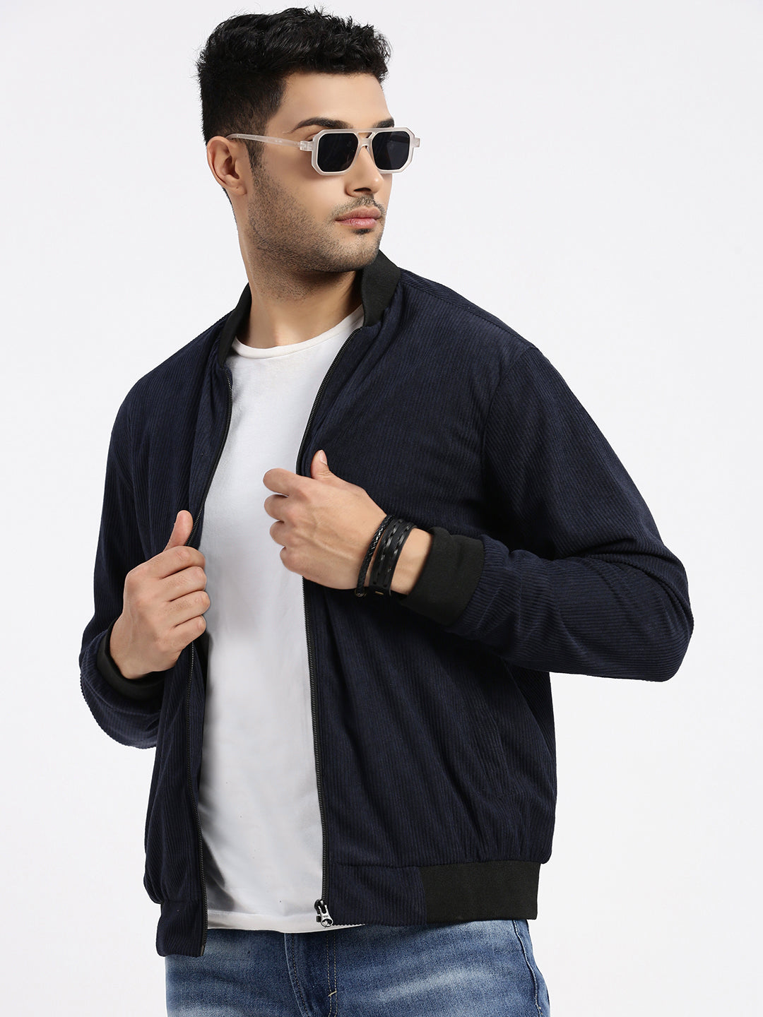 Men Solid Navy Blue Bomber Jacket