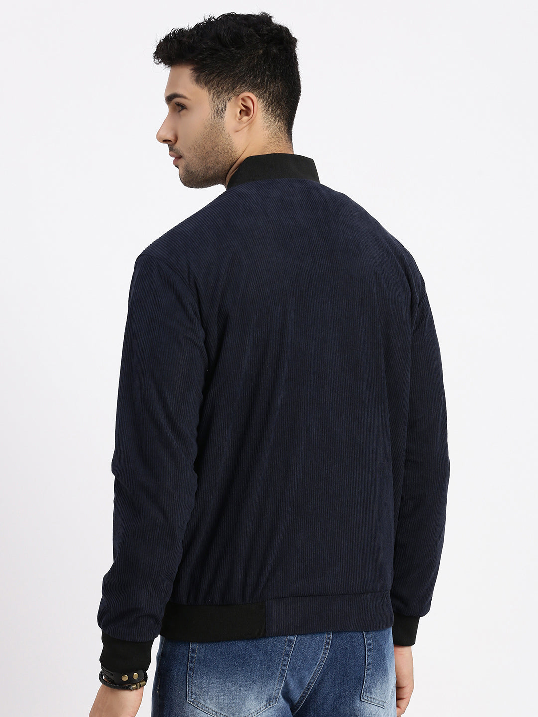 Men Solid Navy Blue Bomber Jacket