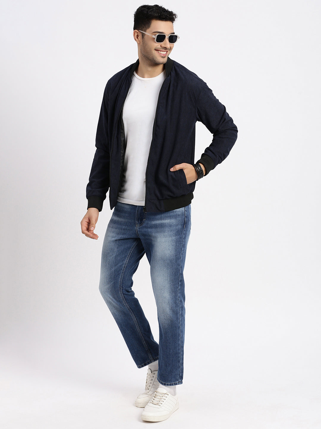 Men Solid Navy Blue Bomber Jacket