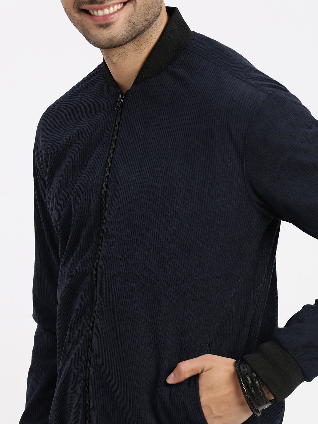 Men Solid Navy Blue Bomber Jacket