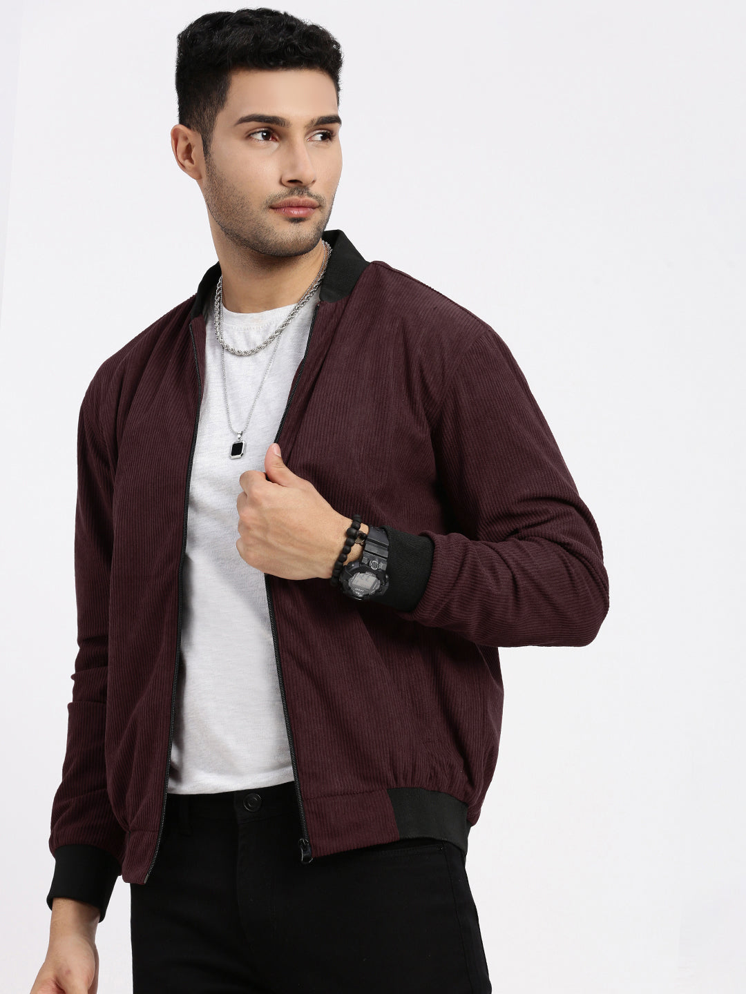 Men Solid Burgundy Bomber Jacket