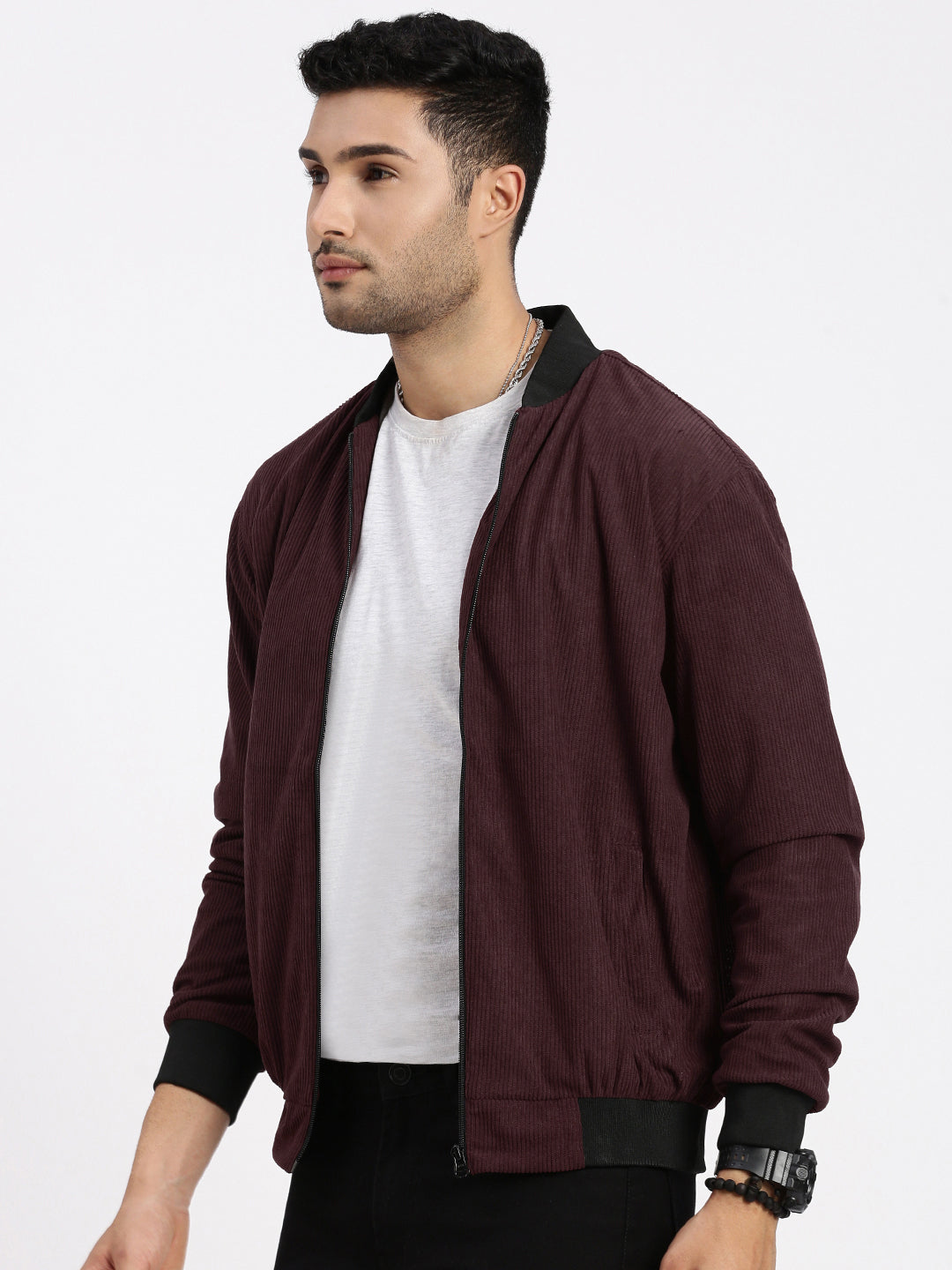 Men Solid Burgundy Bomber Jacket