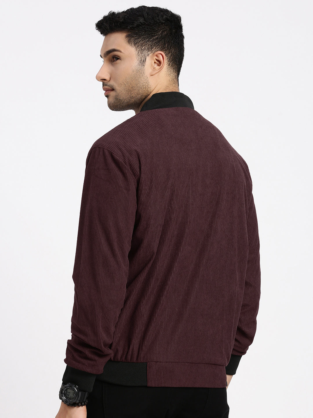 Men Solid Burgundy Bomber Jacket