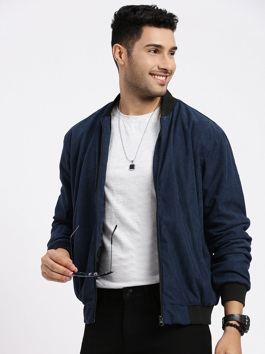 Men Solid Navy Blue Bomber Jacket