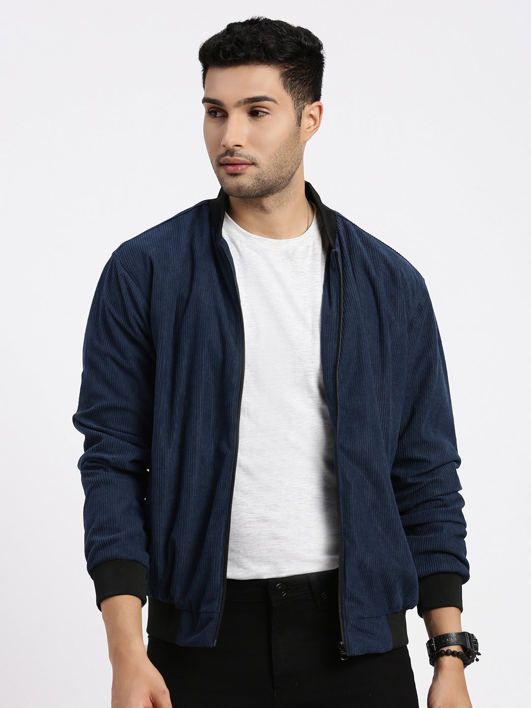 Men Solid Navy Blue Bomber Jacket