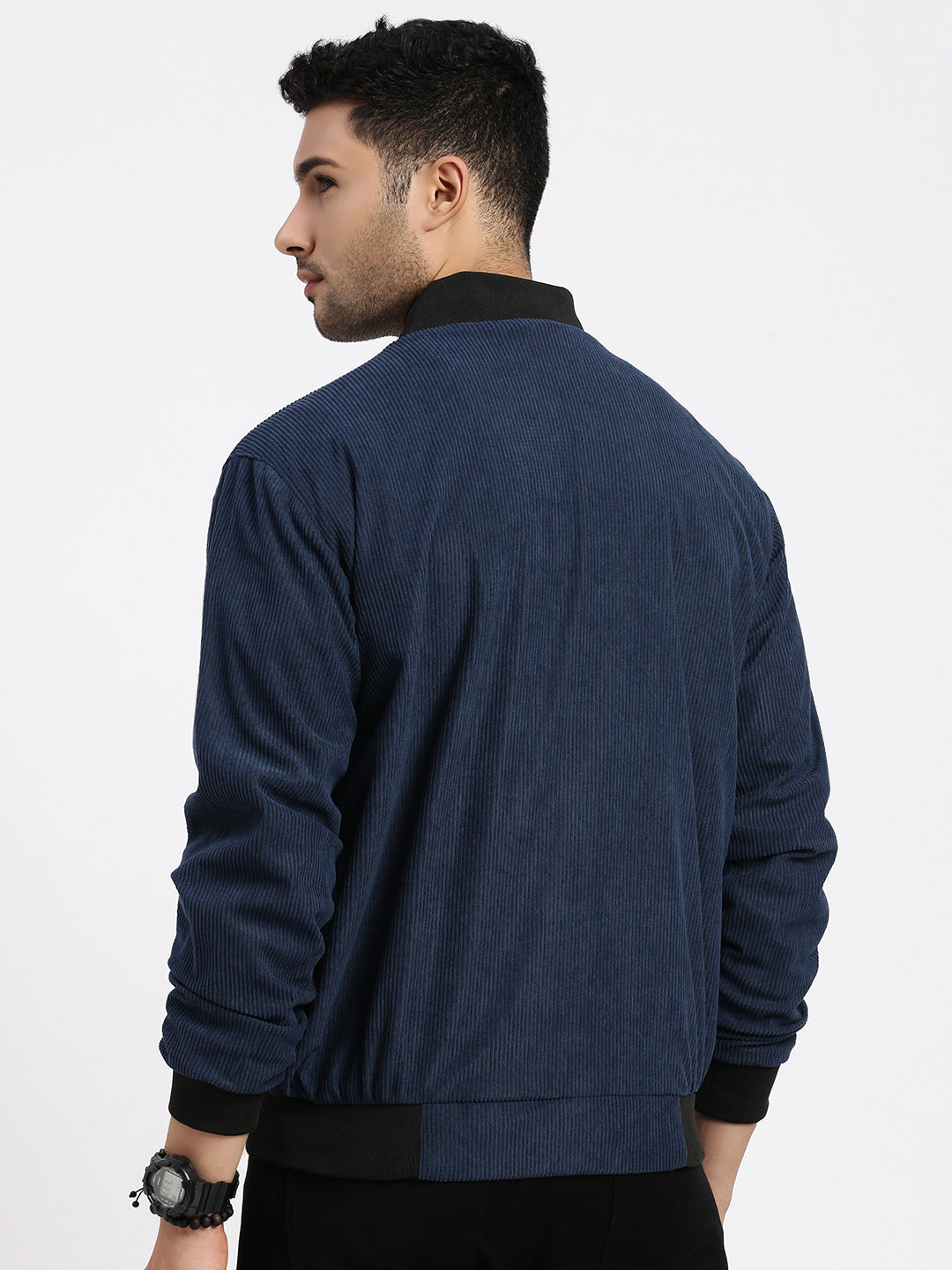 Men Solid Navy Blue Bomber Jacket