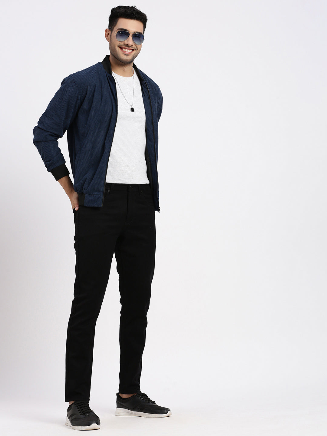 Men Solid Navy Blue Bomber Jacket