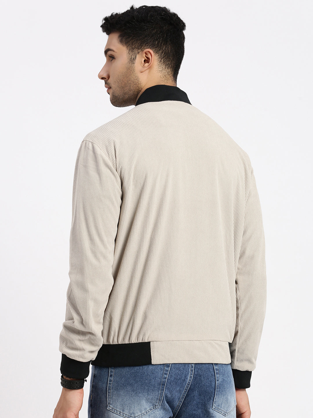 Men Solid Beige Bomber Jacket