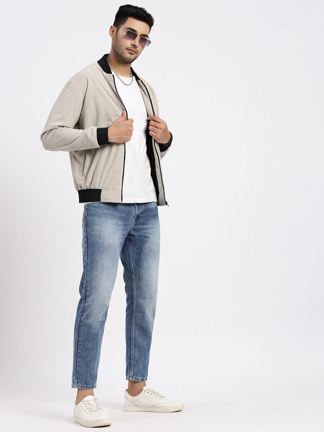 Men Solid Beige Bomber Jacket