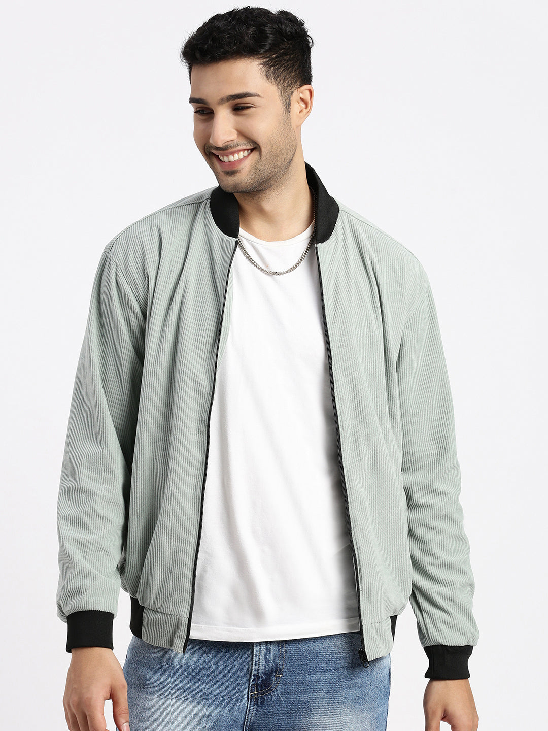 Men Solid Sea Green Bomber Jacket