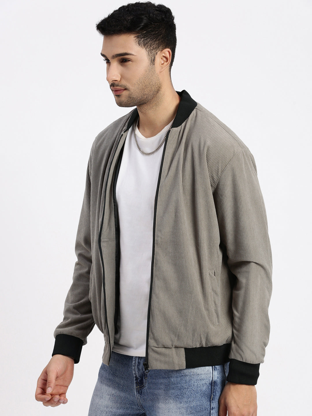 Men Solid Grey Bomber Jacket