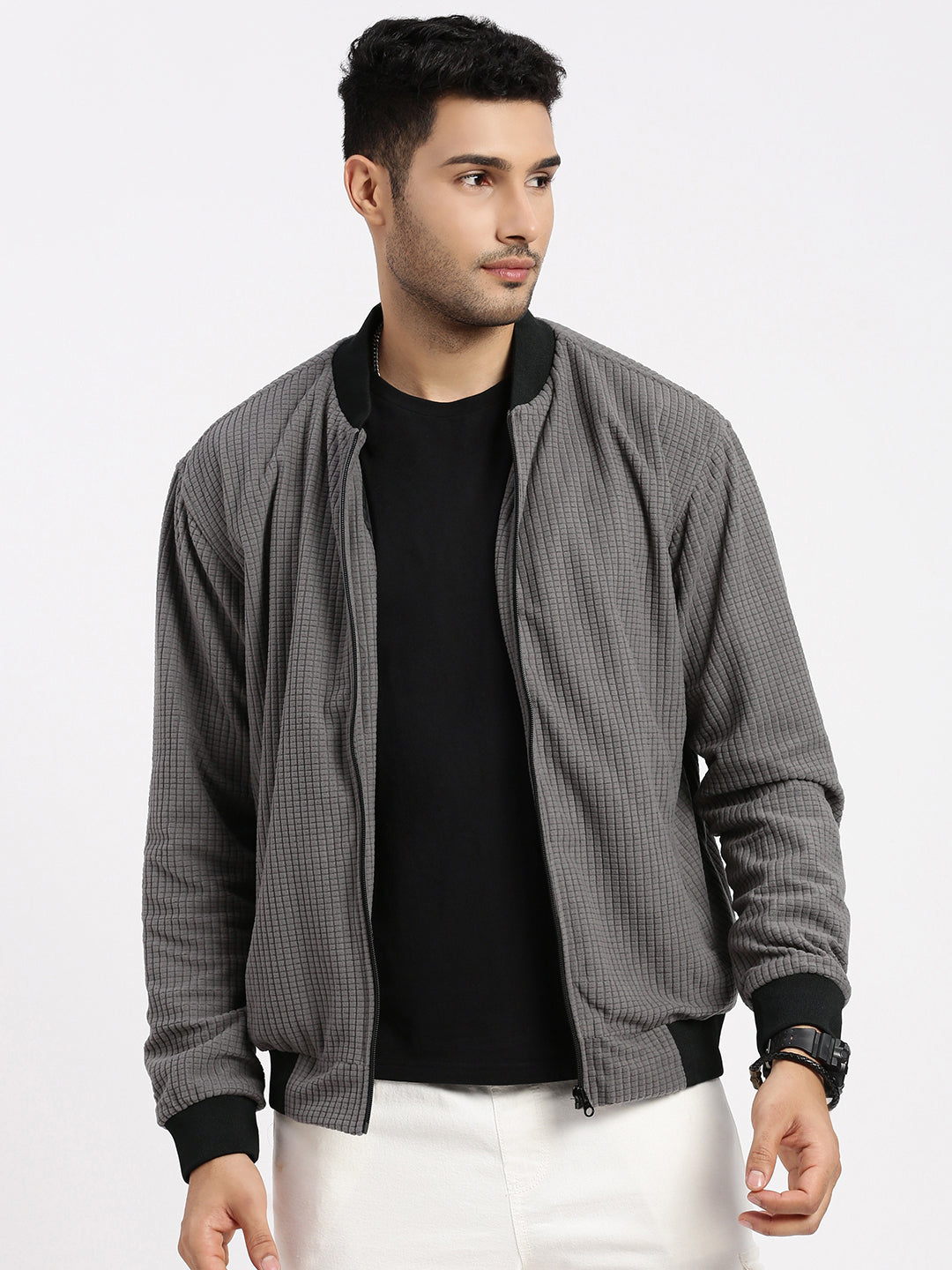 Men Grey Solid Bomber Jacket