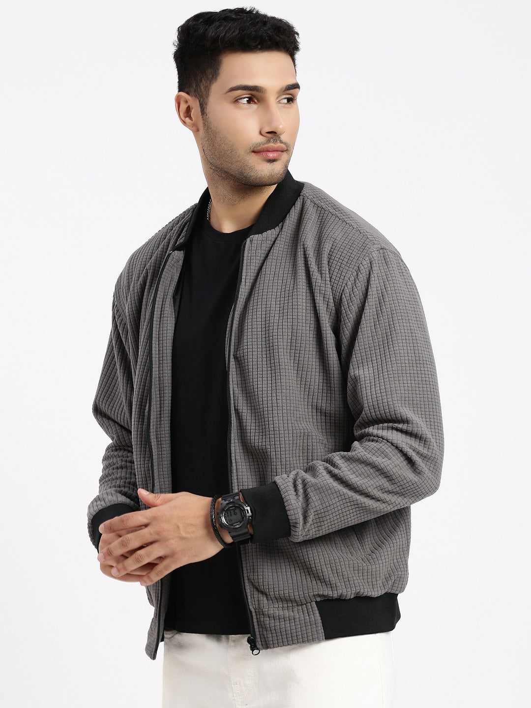 Men Grey Solid Bomber Jacket