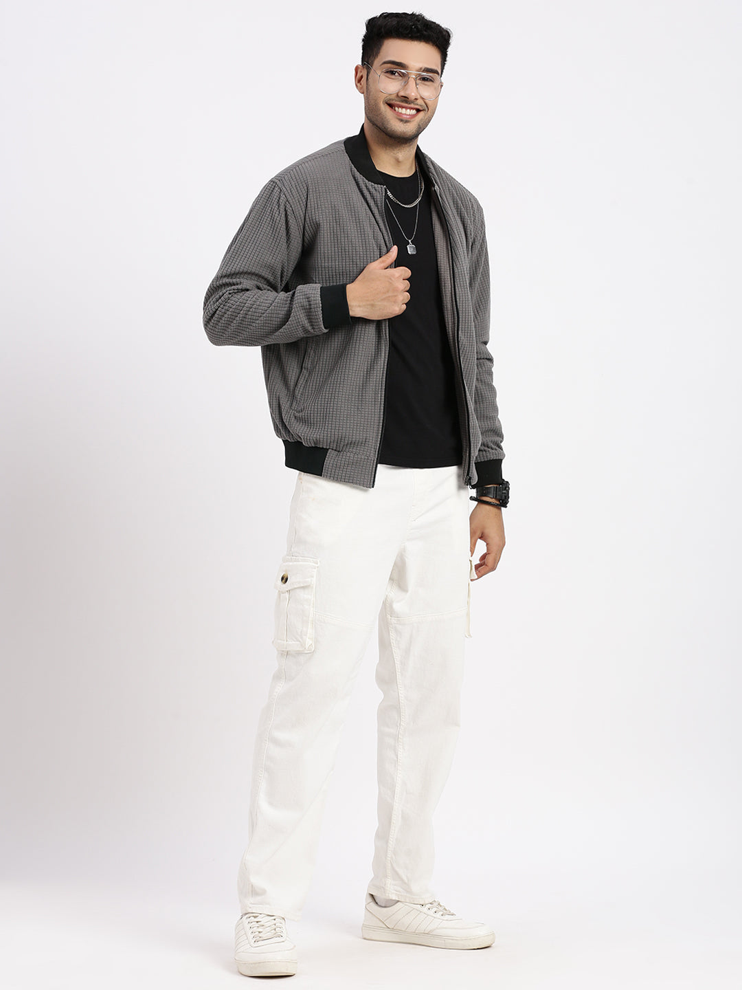 Men Grey Solid Bomber Jacket