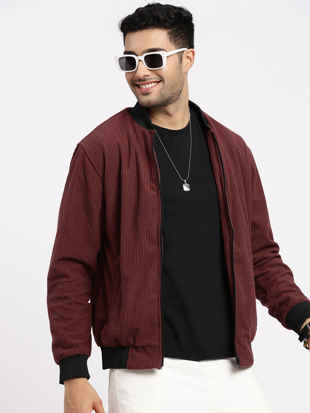 Men Maroon Solid Bomber Jacket