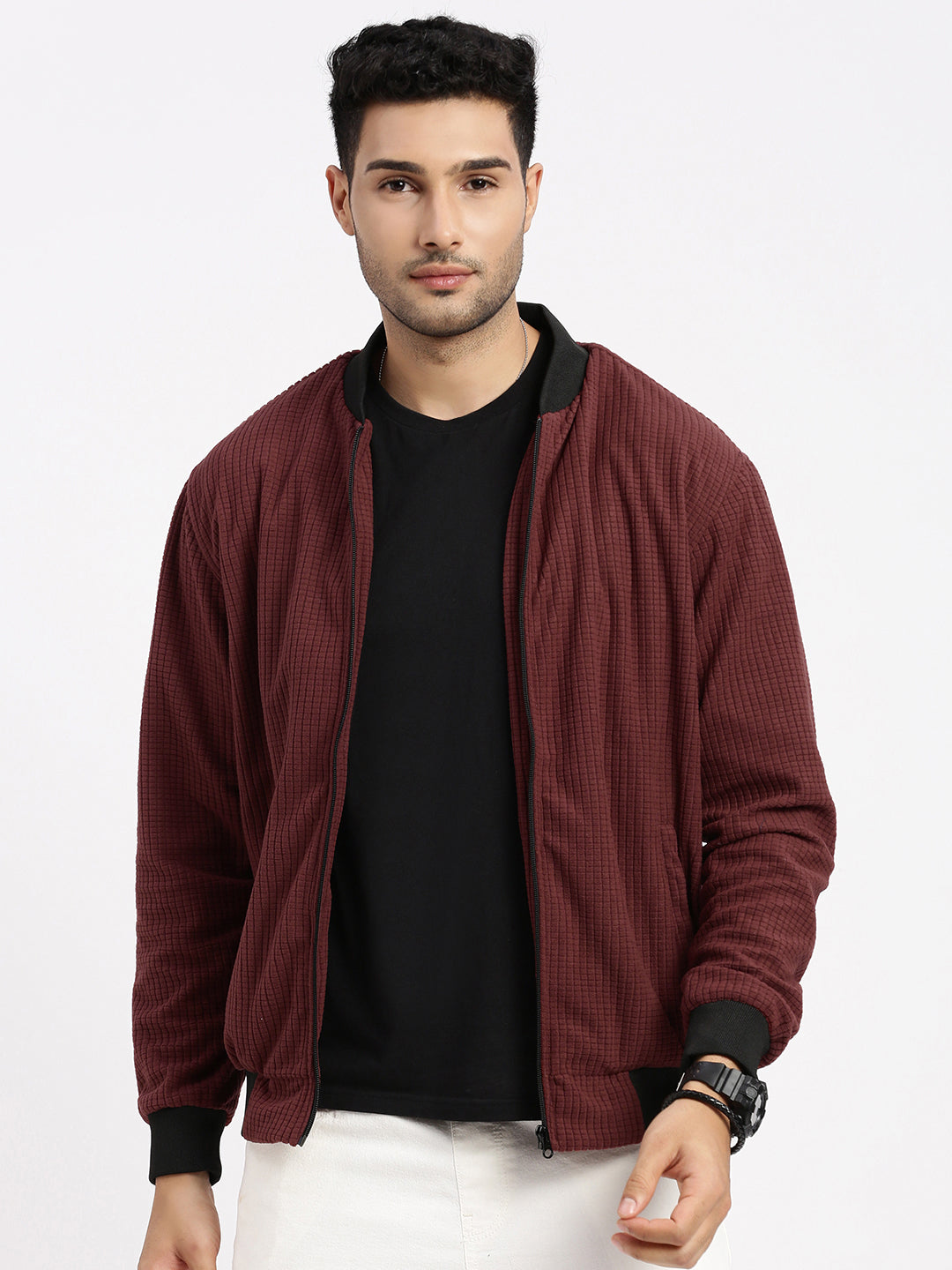 Men Maroon Solid Bomber Jacket