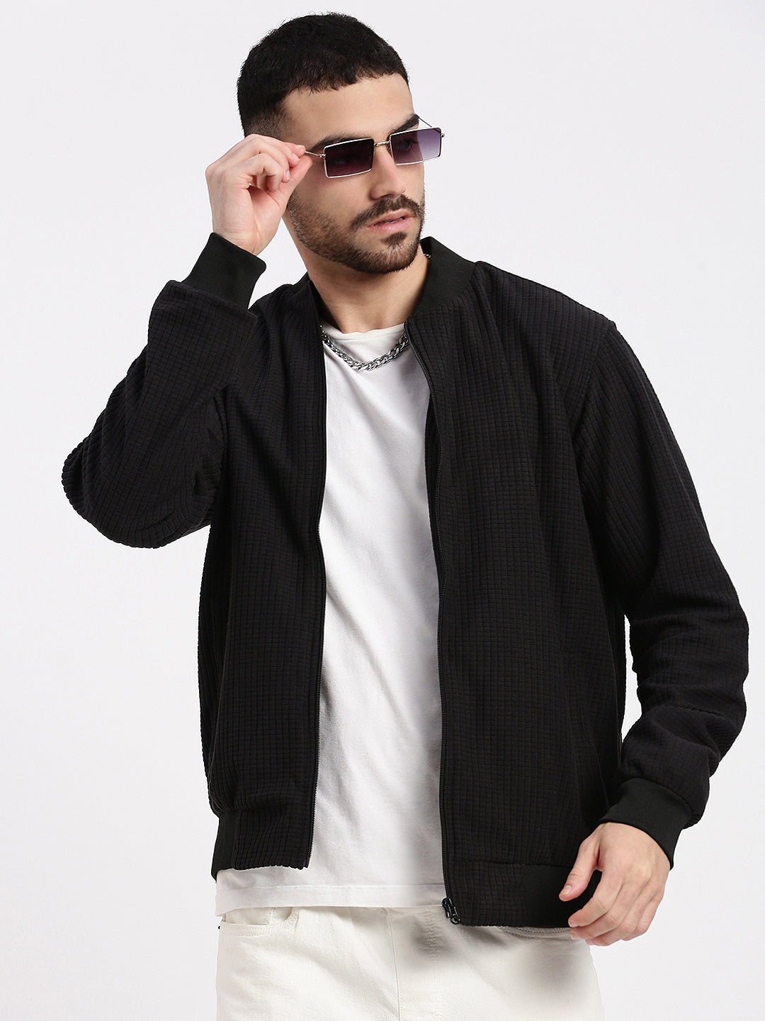 Men Black Solid Bomber Jacket