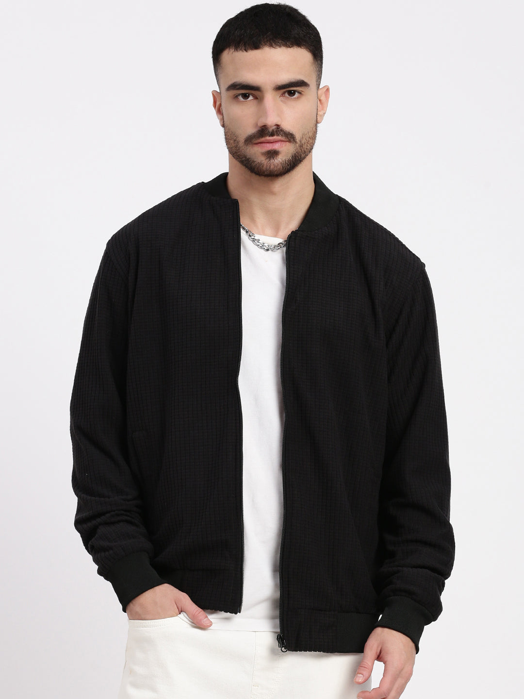 Men Black Solid Bomber Jacket