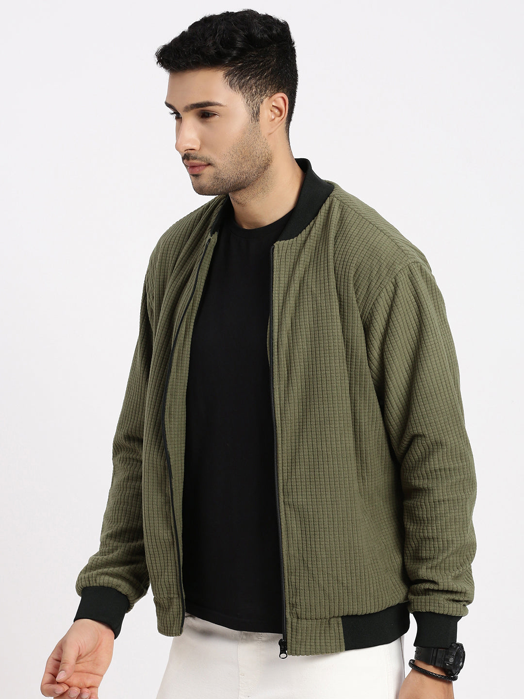 Men Olive Solid Bomber Jacket