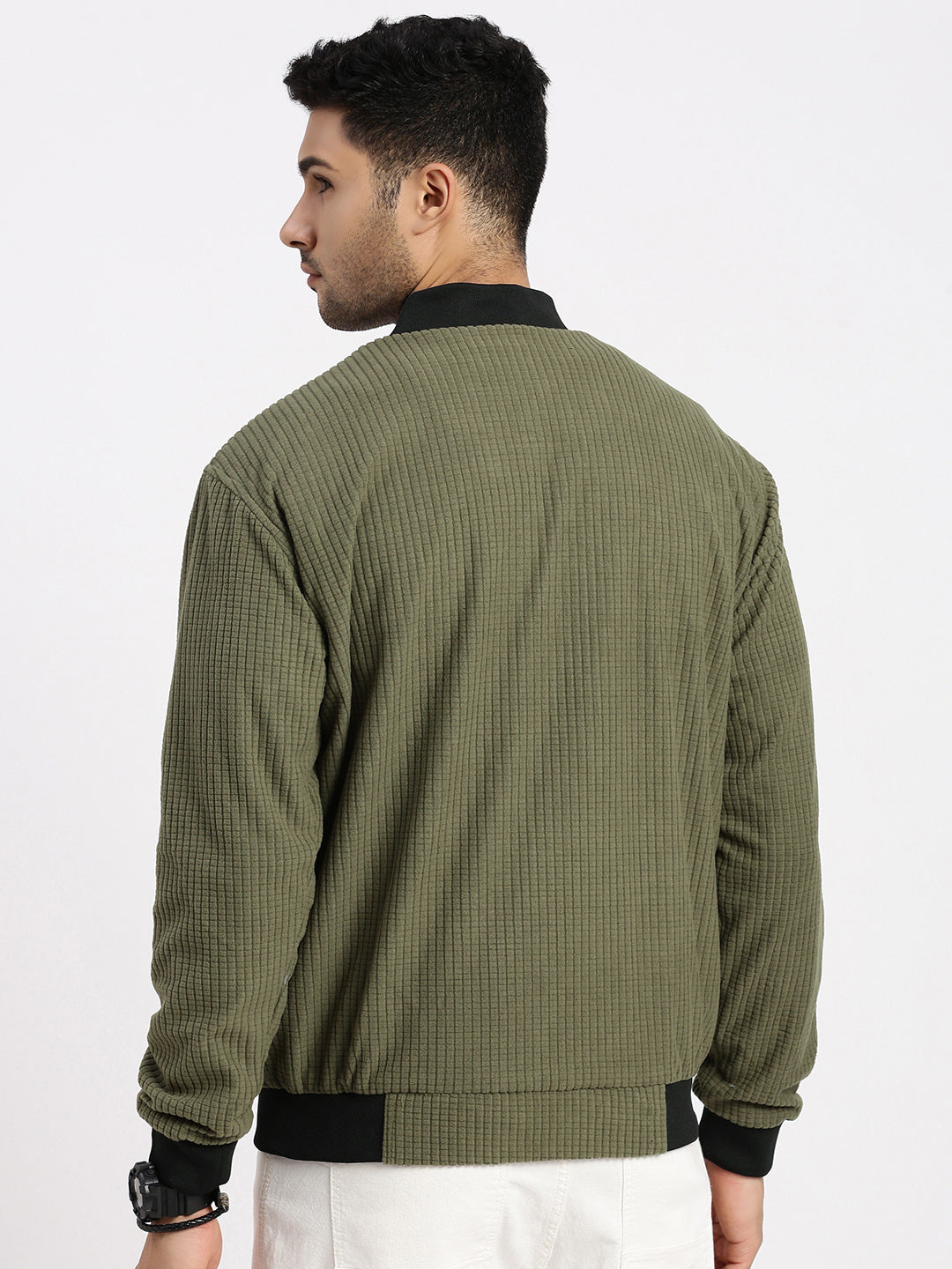 Men Olive Solid Bomber Jacket