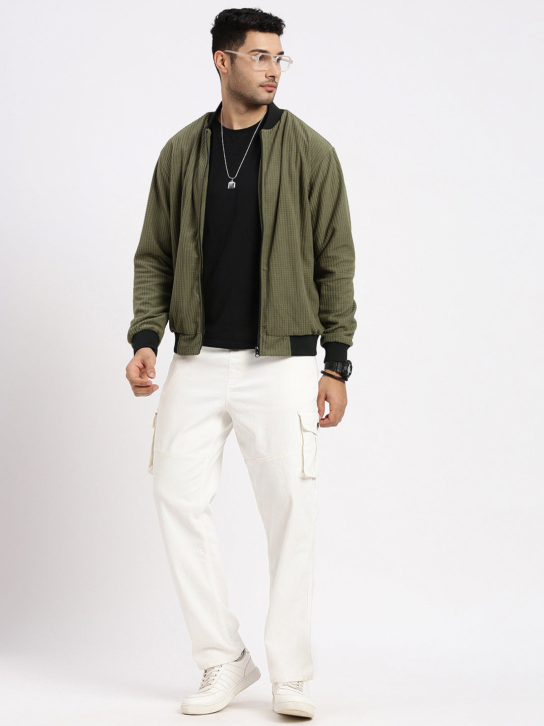 Men Olive Solid Bomber Jacket