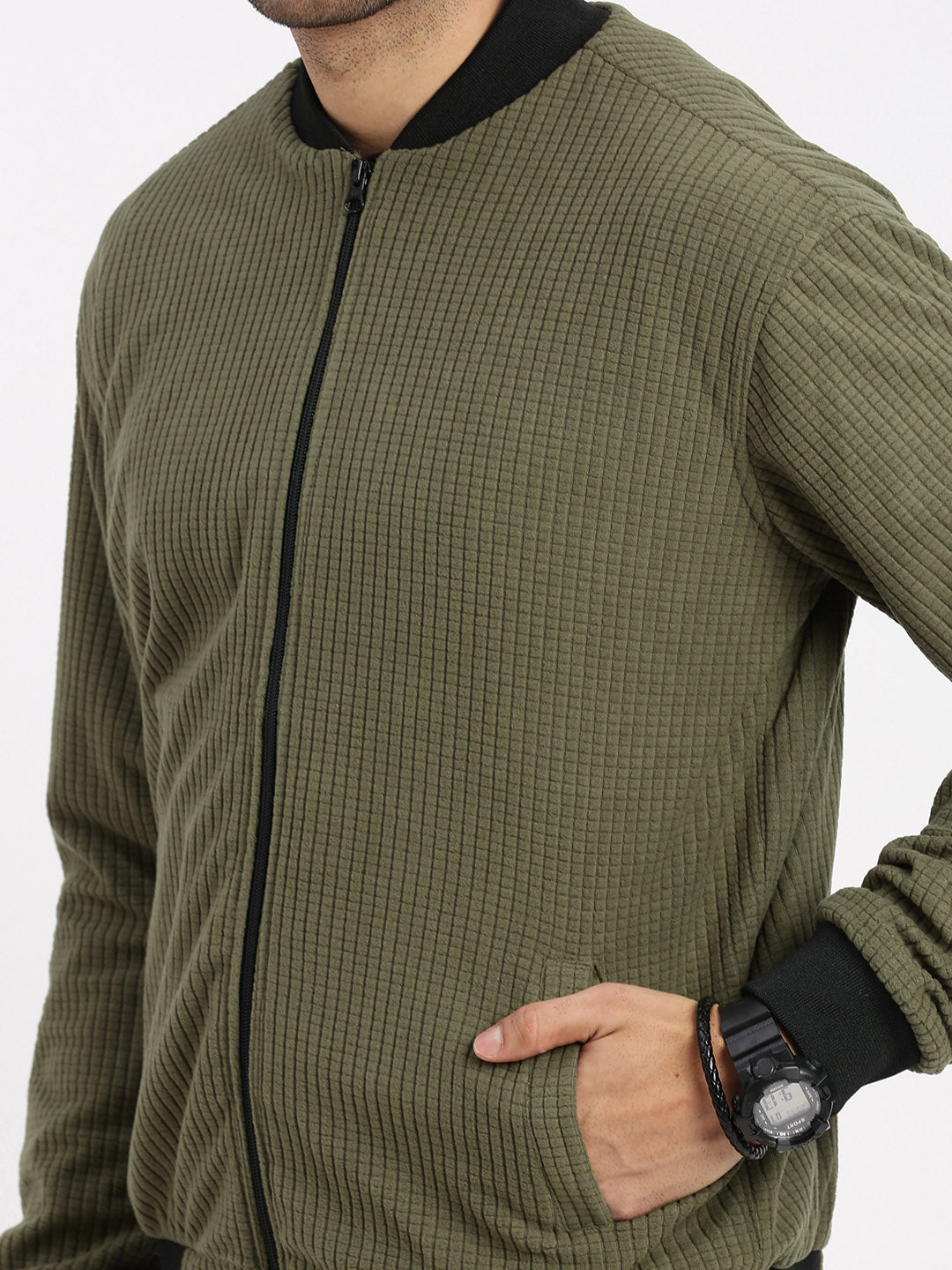 Men Olive Solid Bomber Jacket