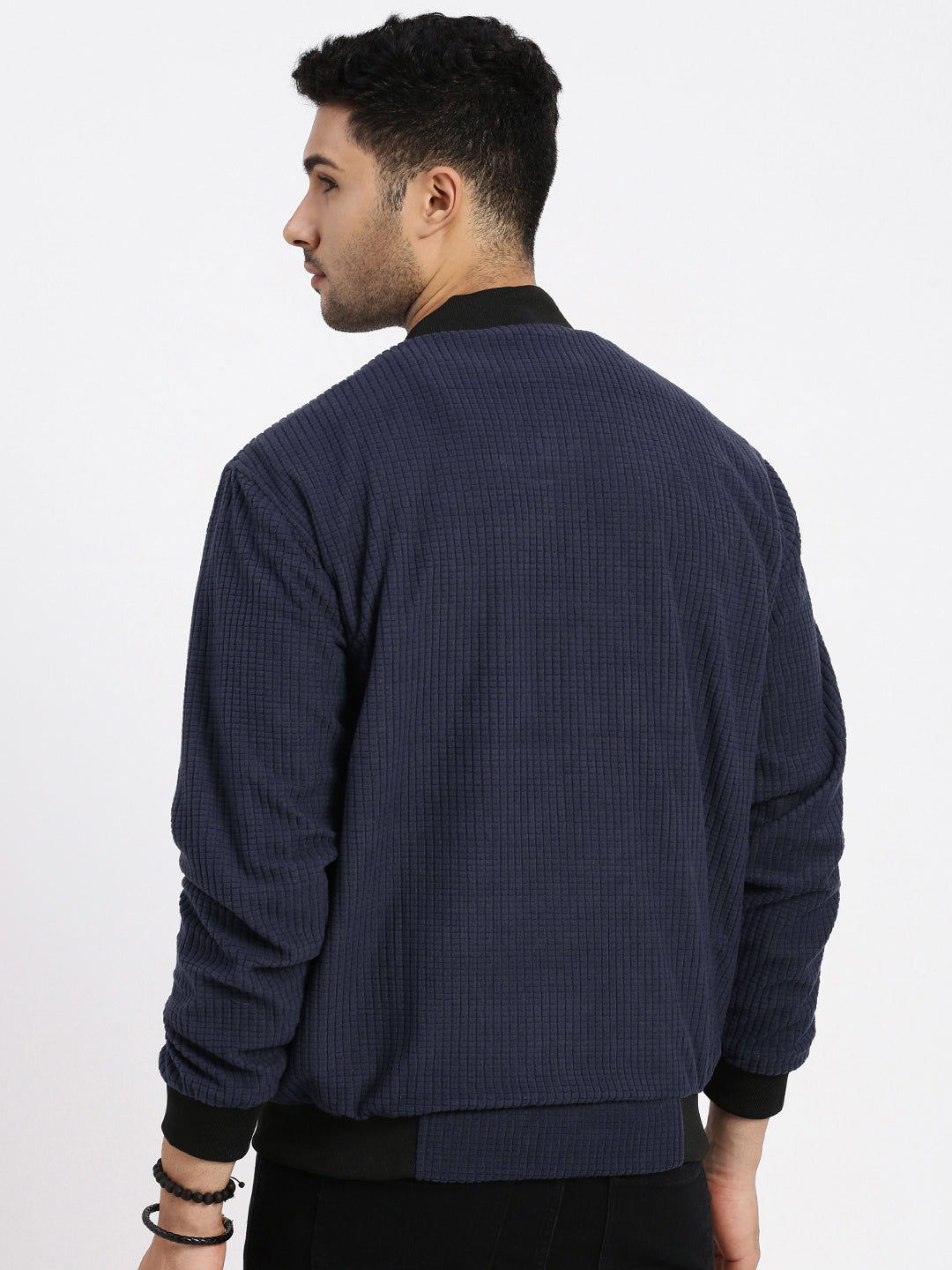 Men Navy Blue Solid Bomber Jacket