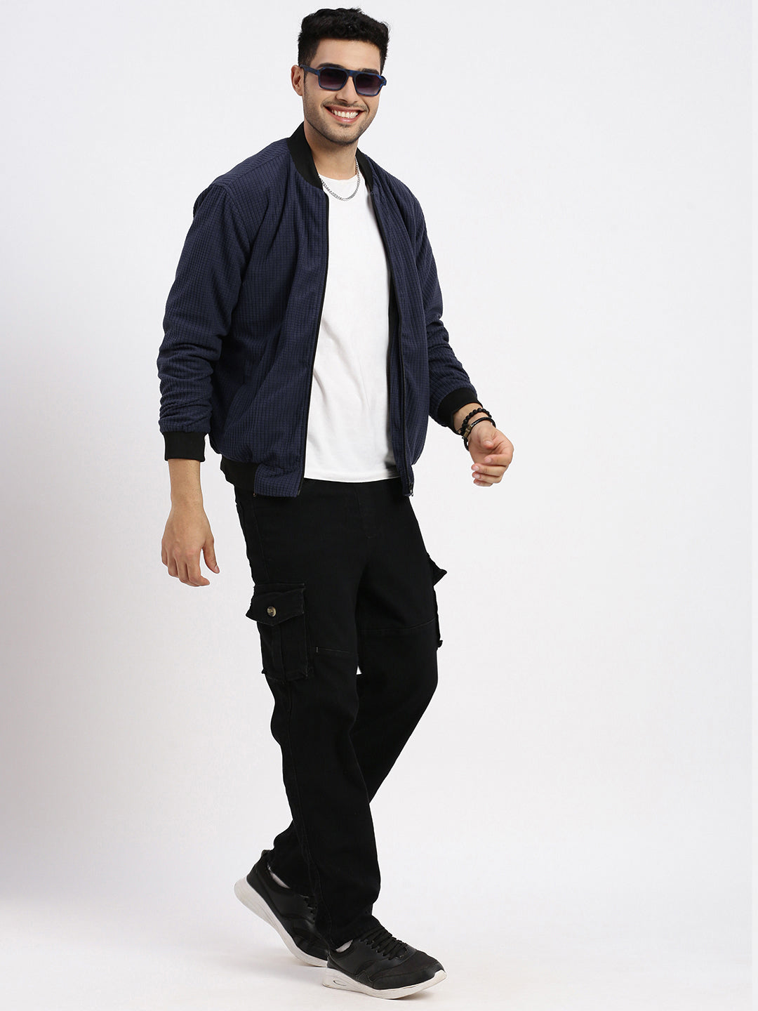 Men Navy Blue Solid Bomber Jacket