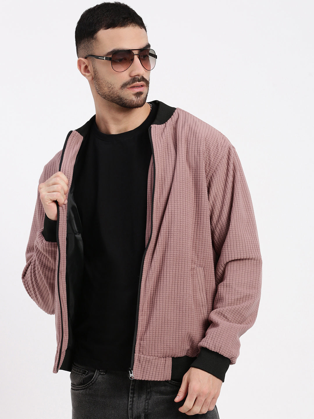 Men Mauve Solid Bomber Jacket