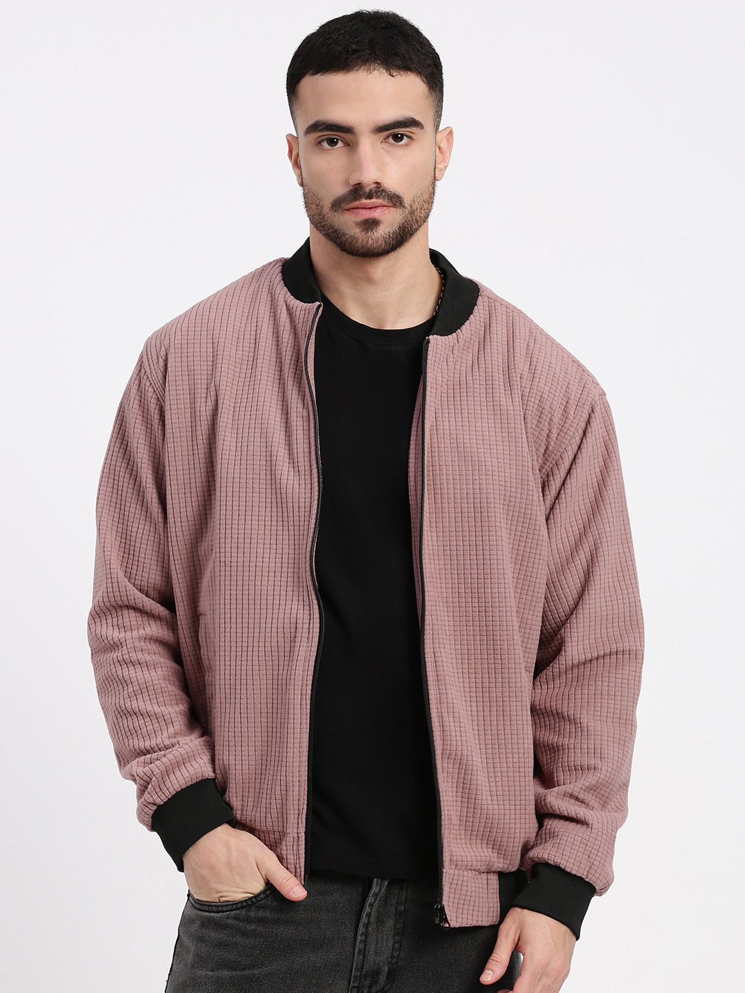 Men Mauve Solid Bomber Jacket