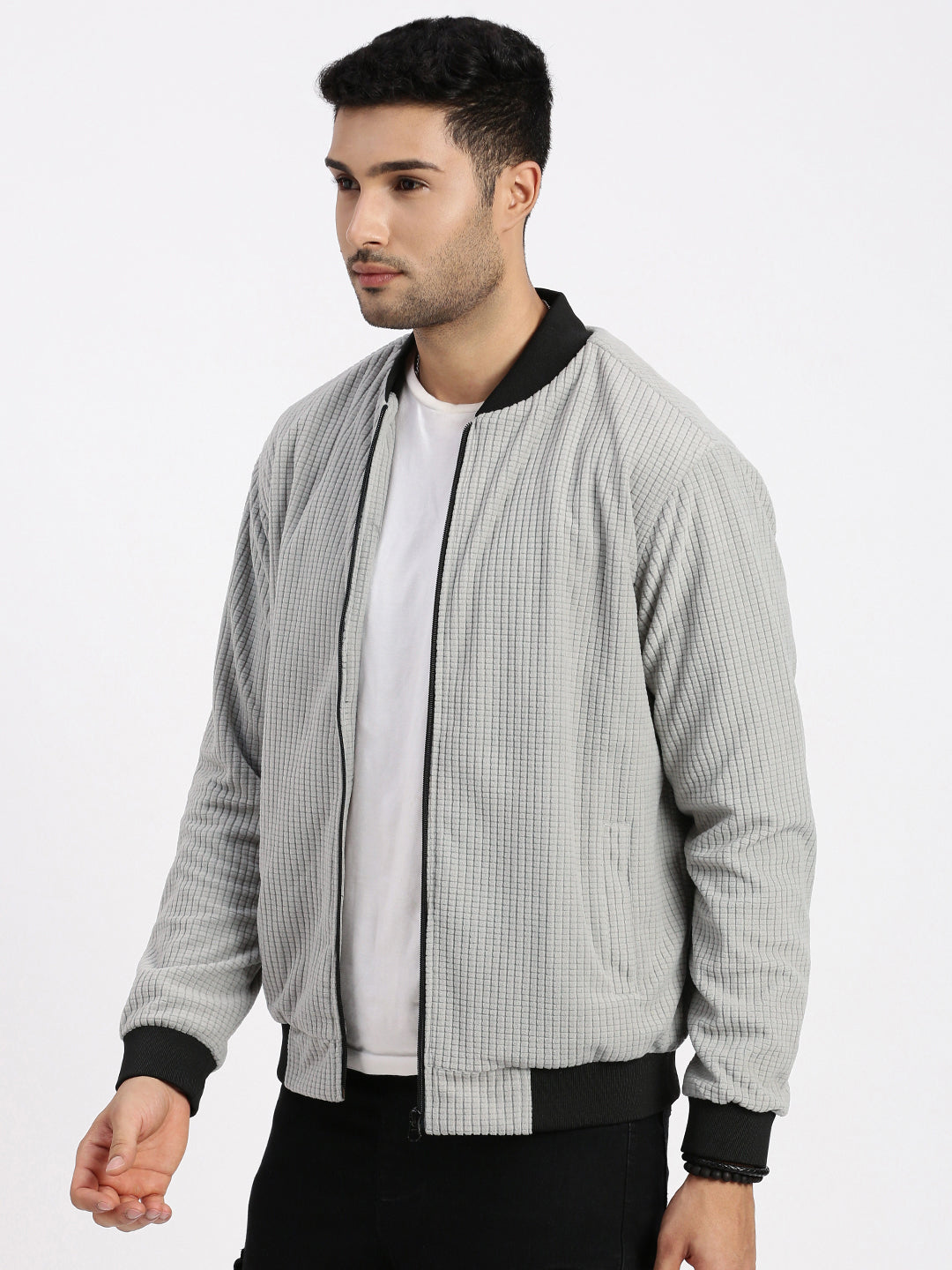 Men Grey Solid Bomber Jacket