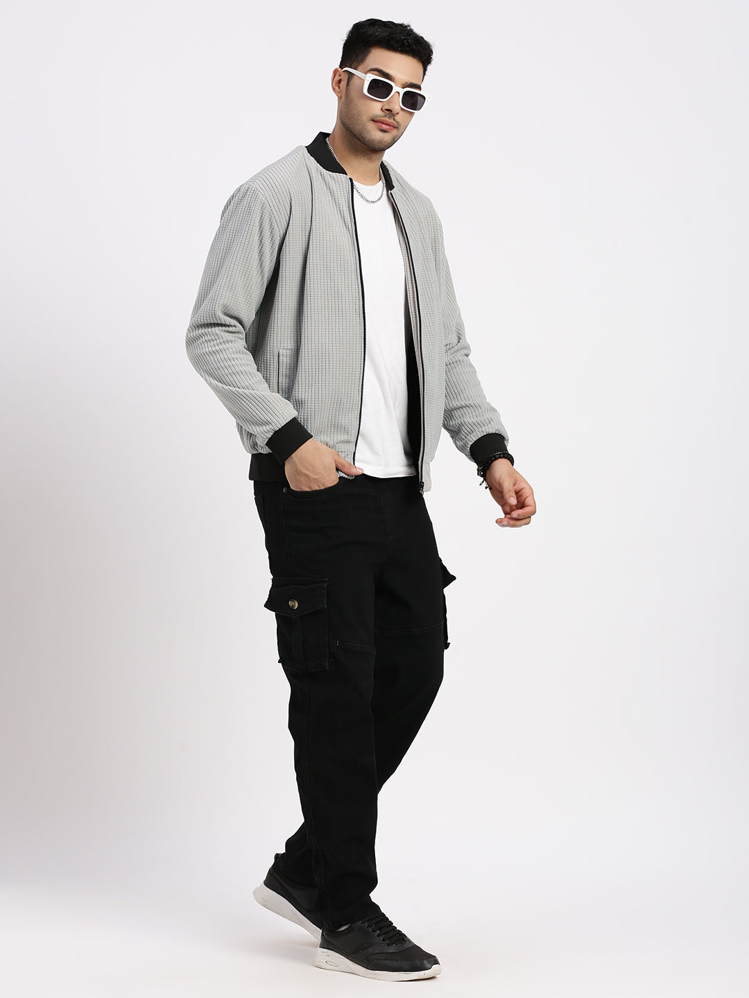 Men Grey Solid Bomber Jacket