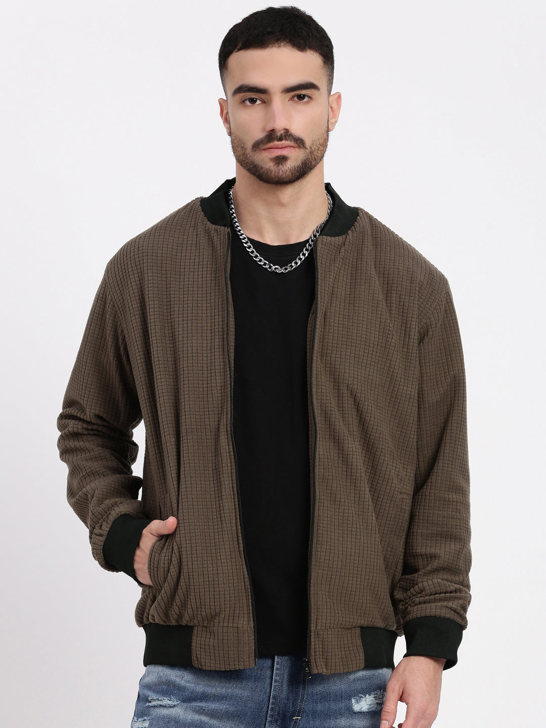 Men Brown Solid Bomber Jacket