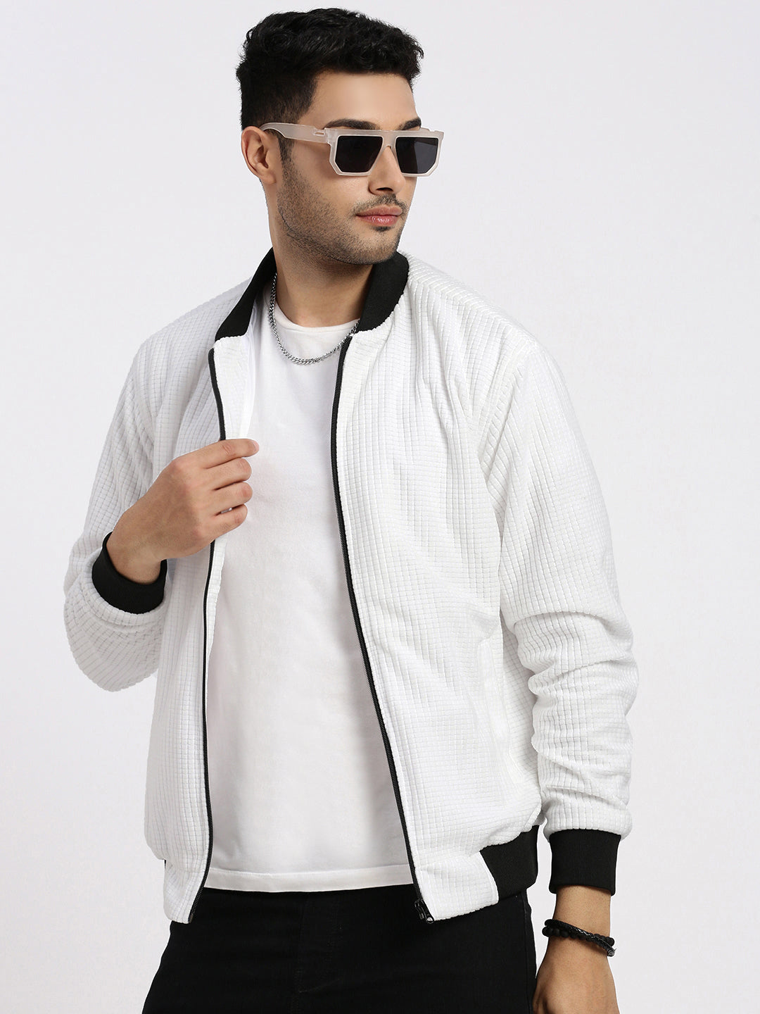 Men White Solid Bomber Jacket