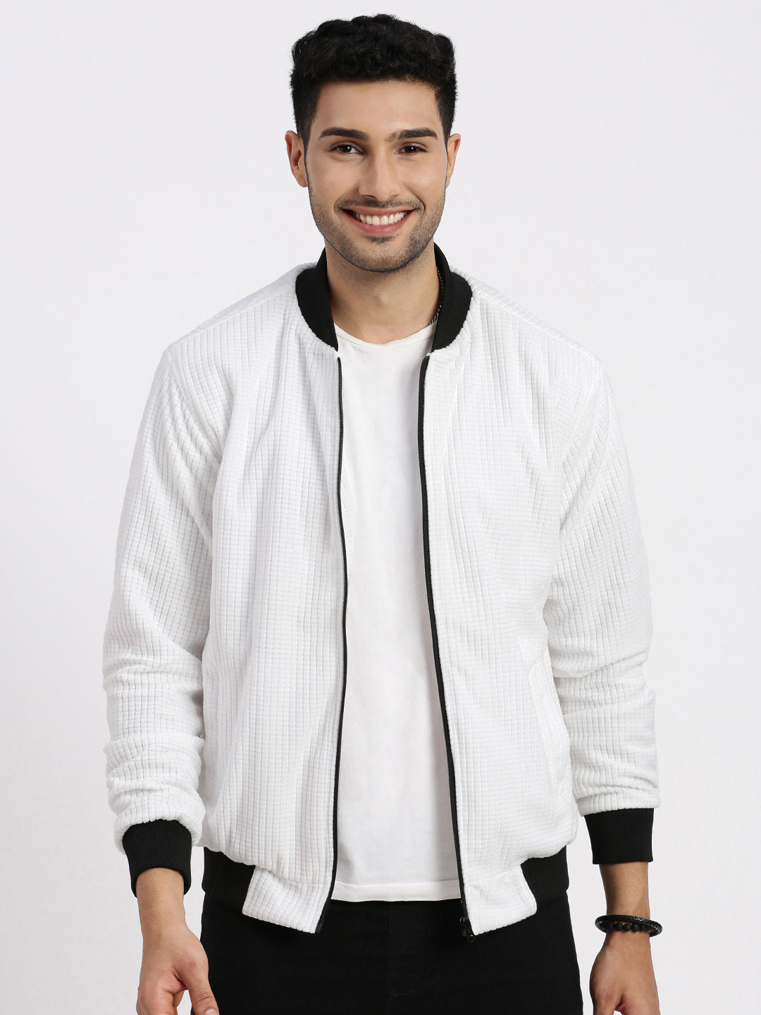 Men White Solid Bomber Jacket