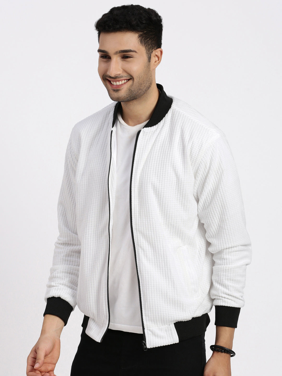 Men White Solid Bomber Jacket