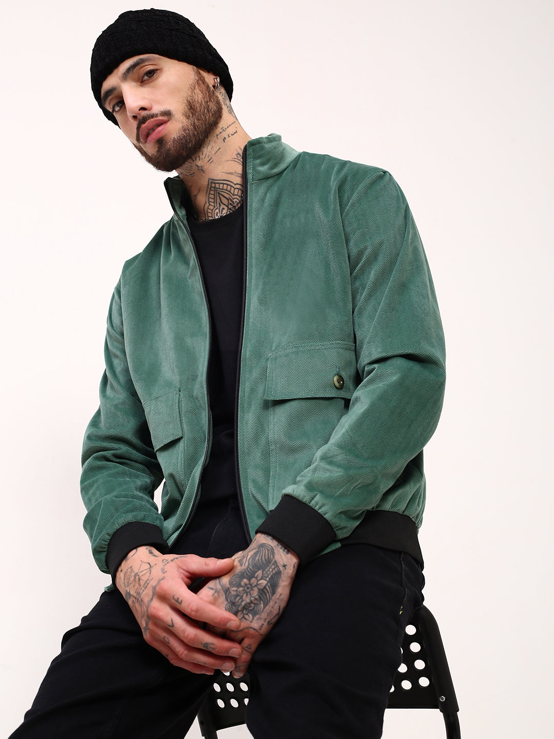 Men Green Solid Bomber Jacket