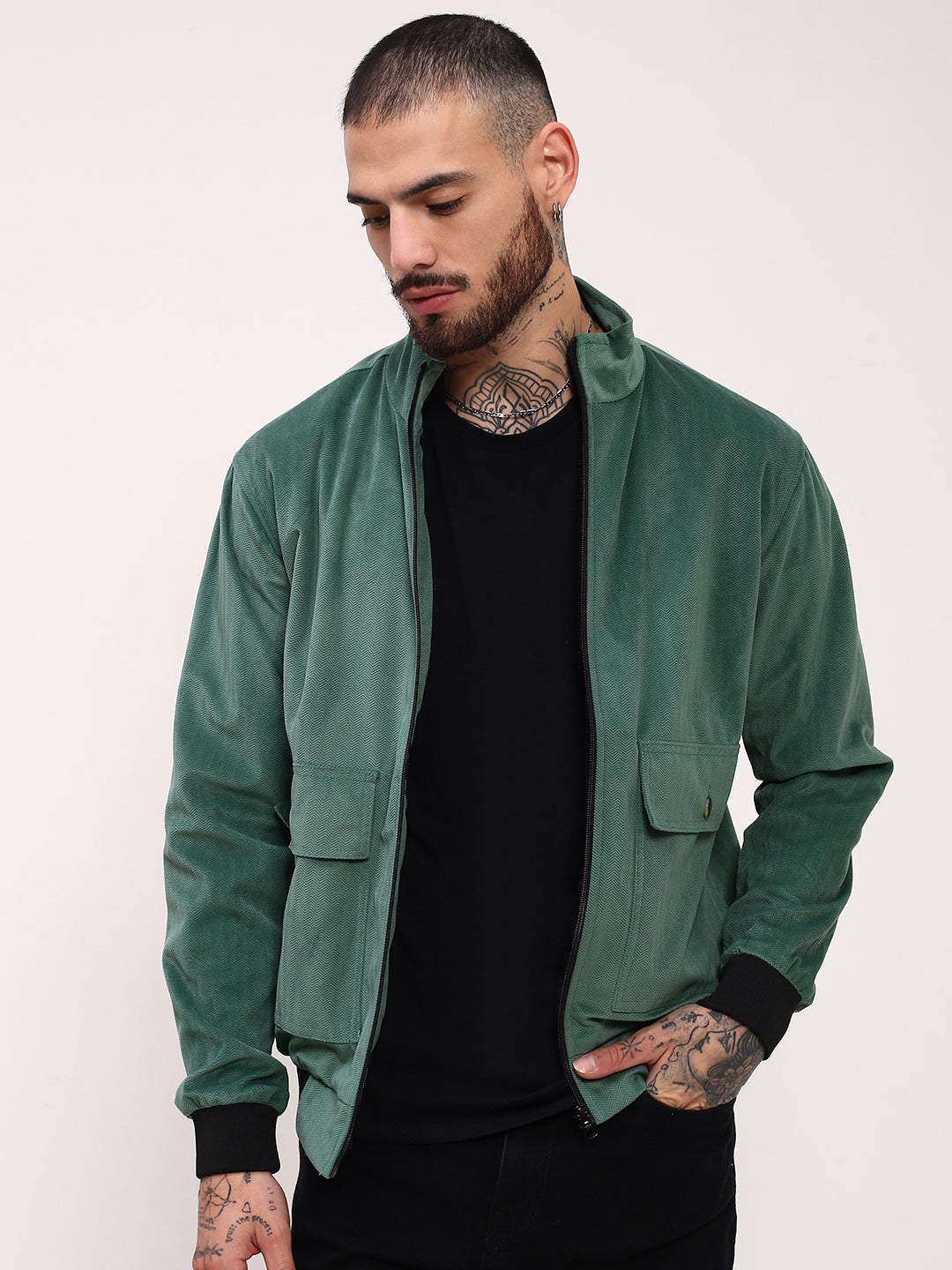 Men Green Solid Bomber Jacket