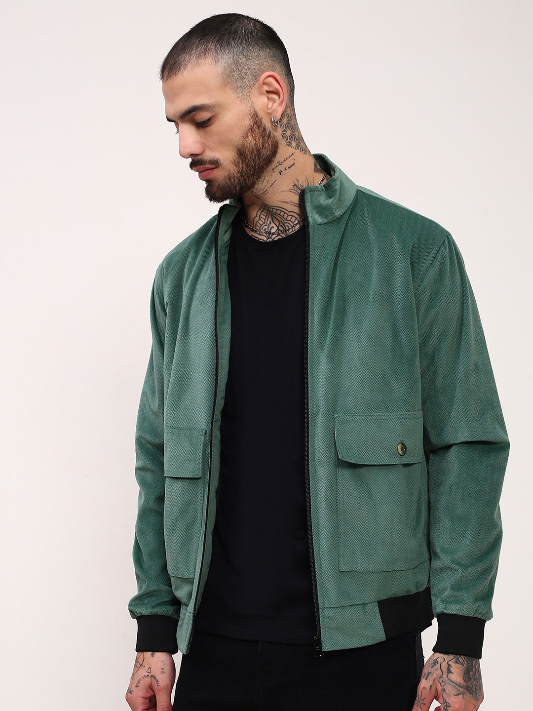 Men Green Solid Bomber Jacket