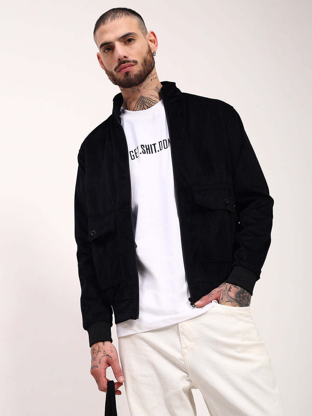 Men Black Solid Bomber Jacket