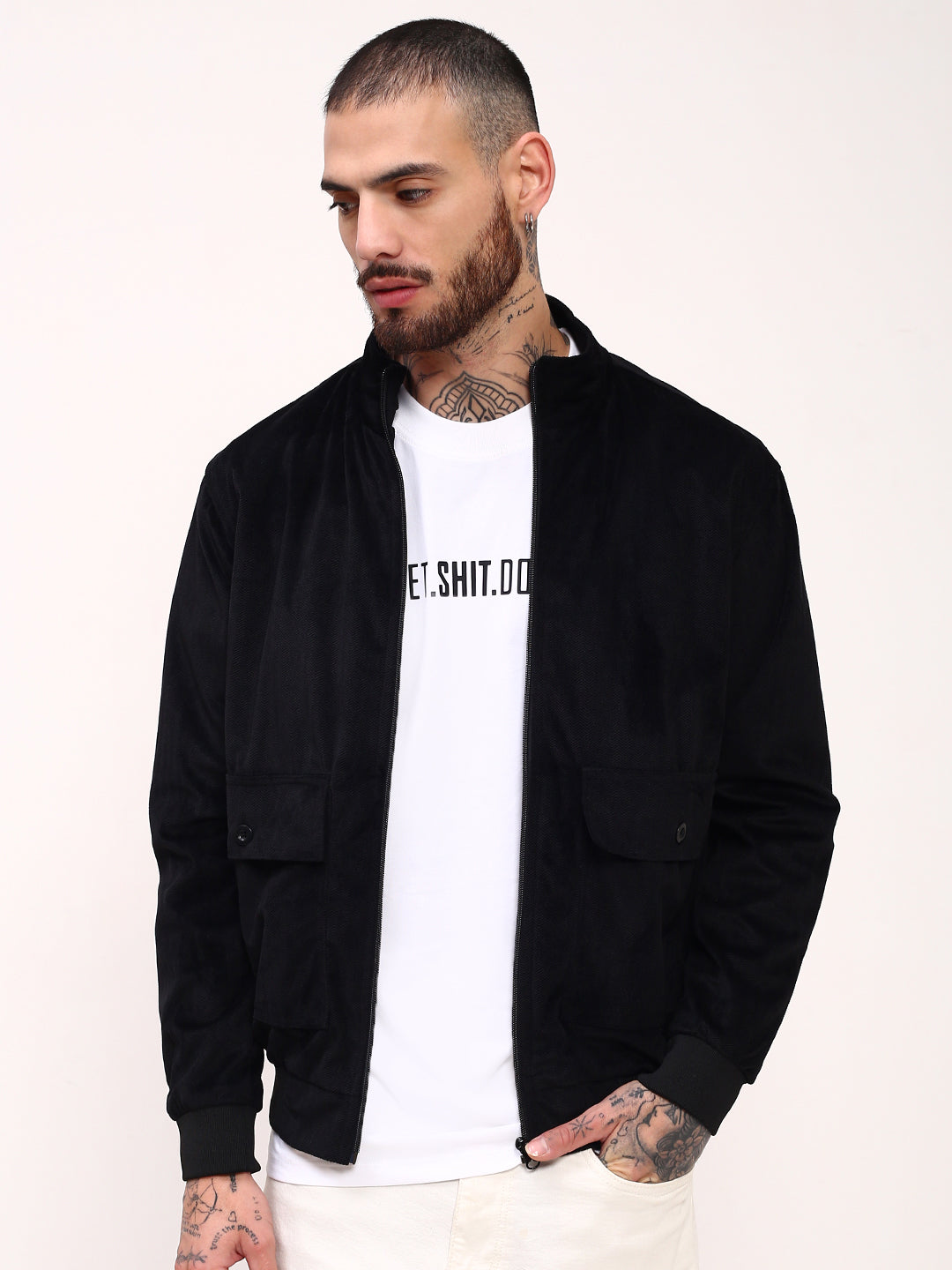 Men Black Solid Bomber Jacket