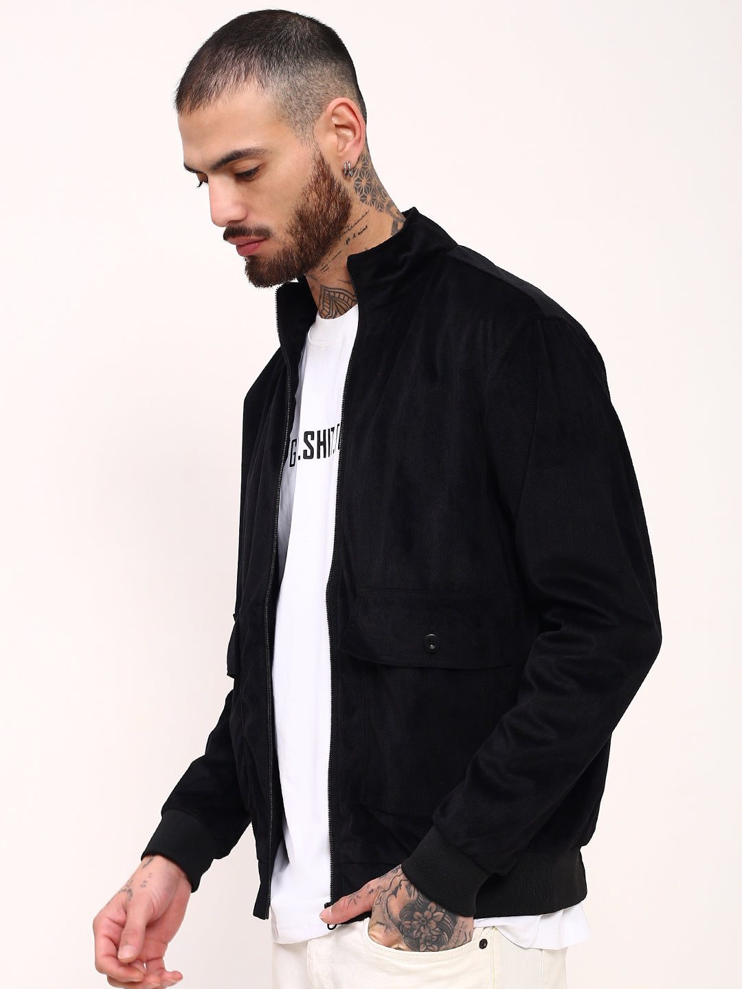 Men Black Solid Bomber Jacket