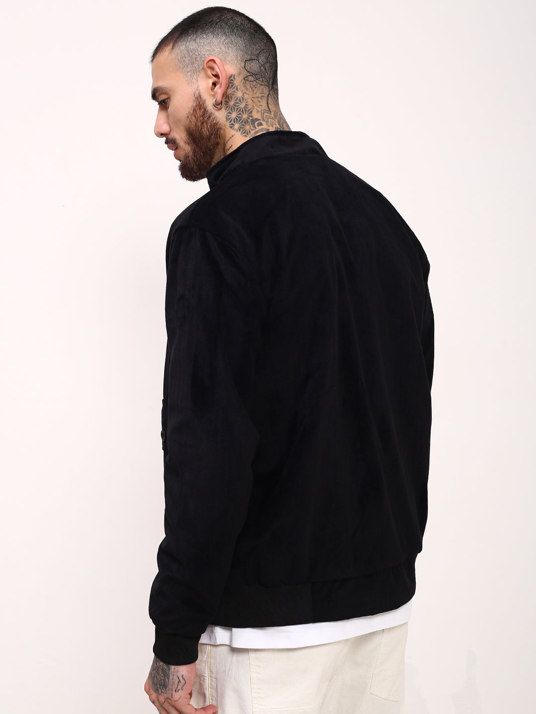 Men Black Solid Bomber Jacket