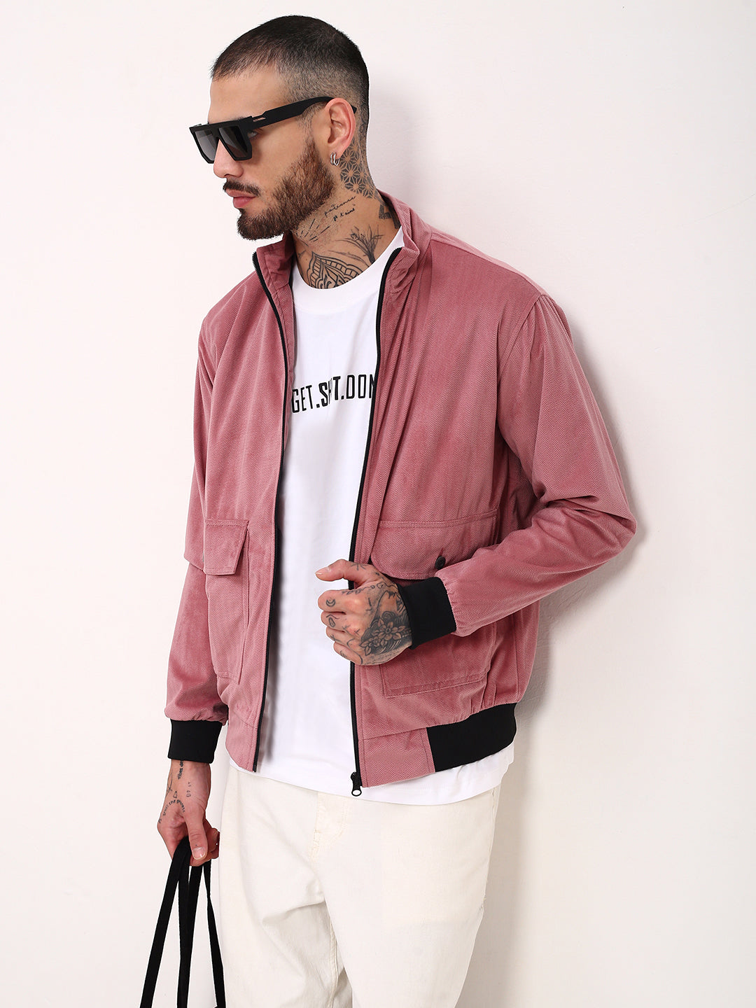 Men Pink Solid Bomber Jacket