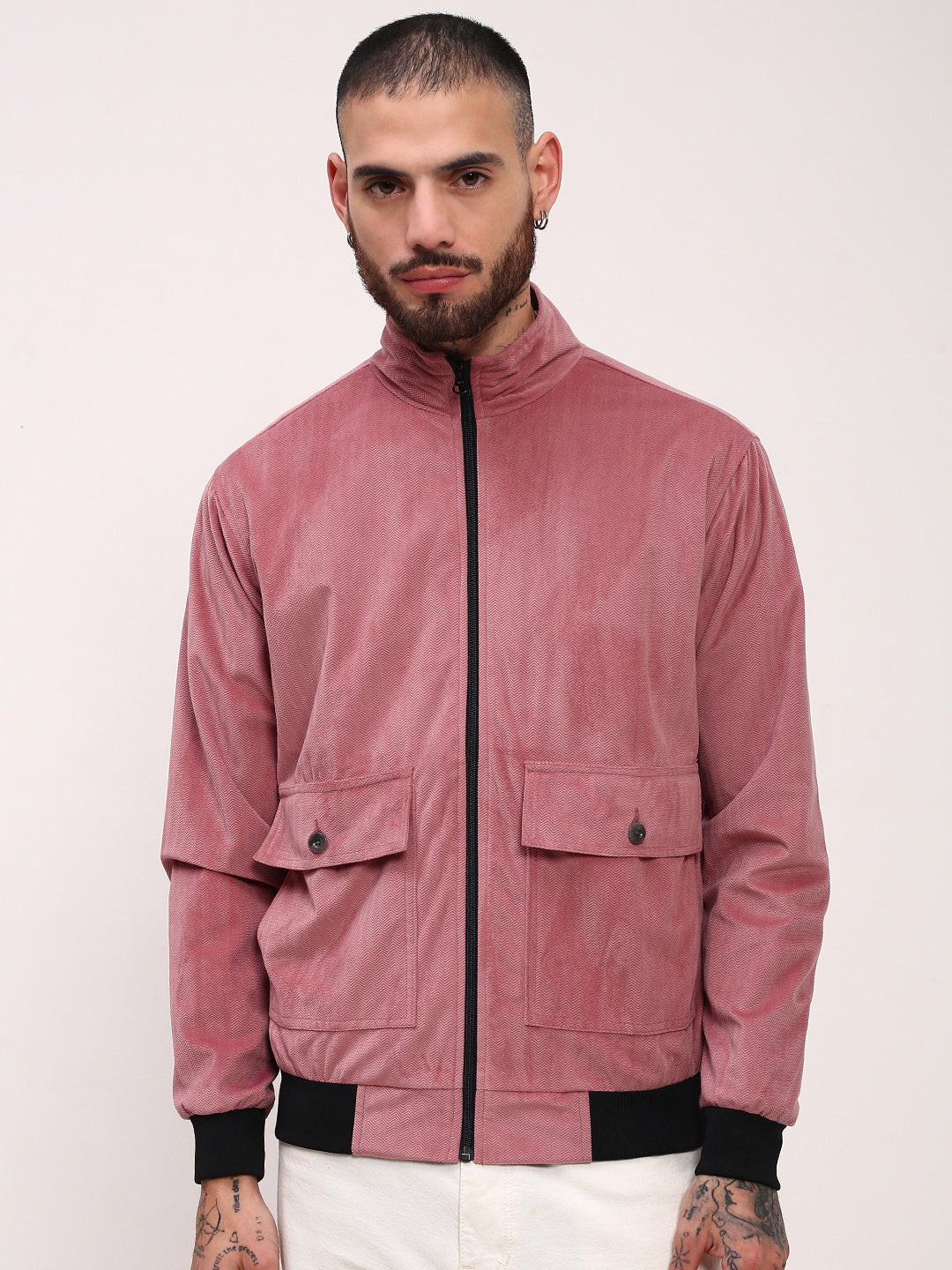 Men Pink Solid Bomber Jacket