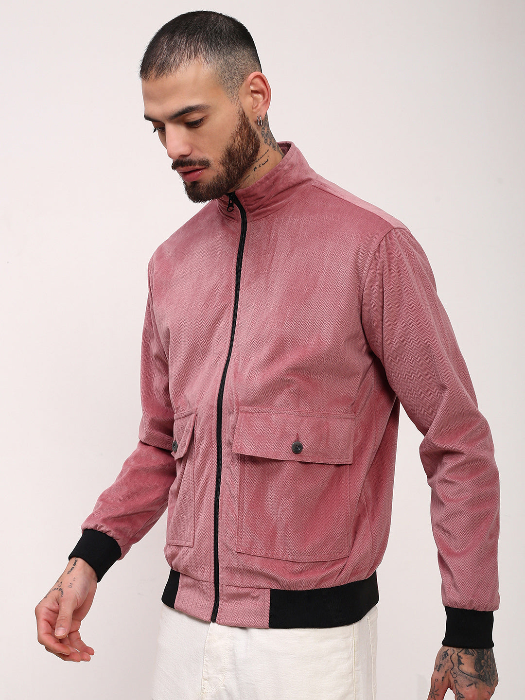 Men Pink Solid Bomber Jacket