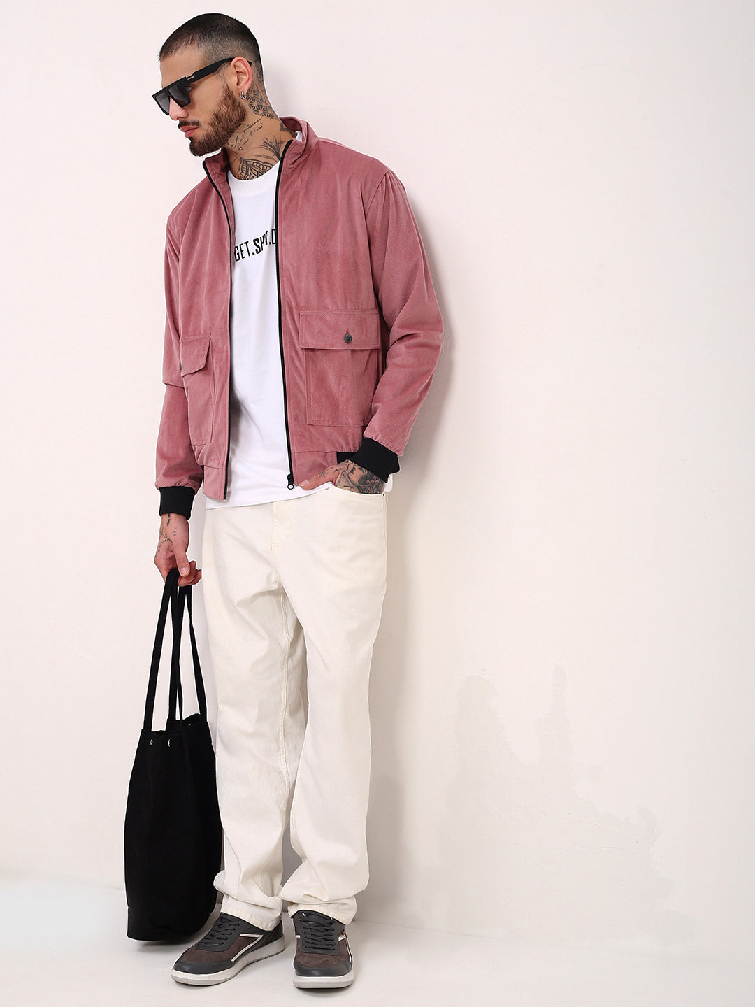 Men Pink Solid Bomber Jacket